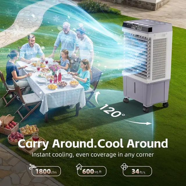 Alt view image 2 of 7 - 1800CFM Swamp Cooler,Evaporative Air Cooler with 5.3 Gal Water Tank,6 Ice Packs,Evaporative Cooler with 12H Timer,120°Oscillation, Windowless Portable Air Conditioners for Indoor,Outdoor