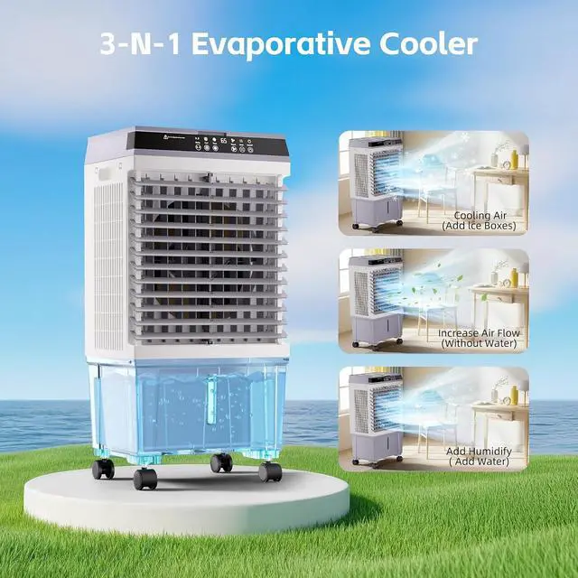 Alt view image 4 of 7 - 1500CFM Swamp Cooler,Evaporative Air Cooler with 4.7 Gal Water Tank,6 Ice Packs,Evaporative Cooler with 12H Timer,120°Oscillation, Windowless Portable Air Conditioners for Indoor,Outdoor