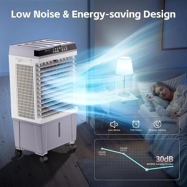 Alt view image 7 of 7 - 1500CFM Swamp Cooler,Evaporative Air Cooler with 4.7 Gal Water Tank,6 Ice Packs,Evaporative Cooler with 12H Timer,120°Oscillation, Windowless Portable Air Conditioners for Indoor,Outdoor