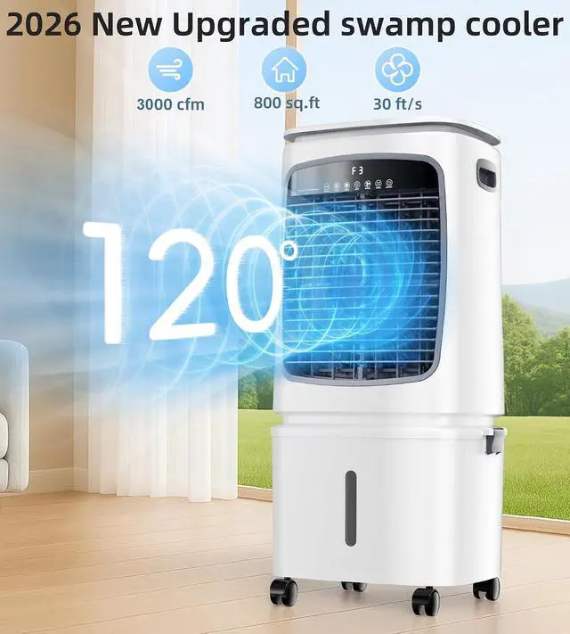 Alt view image 2 of 7 - 3000CFM Swamp Cooler, Evaporative Air Cooler for 800Sq.ft of Space, Air Cooler with 7.2-Gal Water Tank, 120°Oscillation,4 Ice Packs,12H Timer, Cooling Fans for Outdoor,Indoor Use