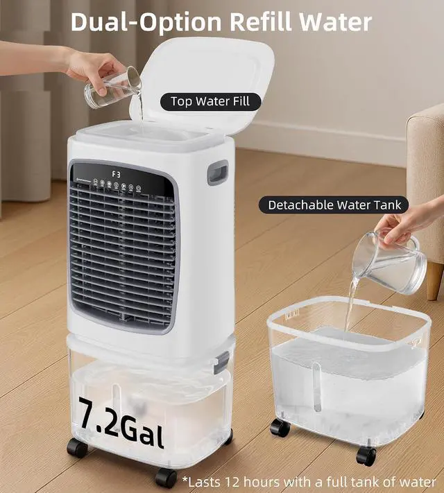 Alt view image 3 of 7 - 3000CFM Swamp Cooler, Evaporative Air Cooler for 800Sq.ft of Space, Air Cooler with 7.2-Gal Water Tank, 120°Oscillation,4 Ice Packs,12H Timer, Cooling Fans for Outdoor,Indoor Use