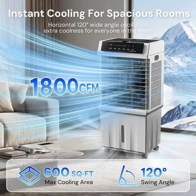 Alt view image 6 of 7 - 1800CFM Swamp Cooler,Evaporative Air Cooler with Remote Control,Air Cooler with 4-Gal Water Tank,120°Oscillation,4 Ice Packs,12H Timer,Cooling Fans for Outdoor,Indoor Use,Grey