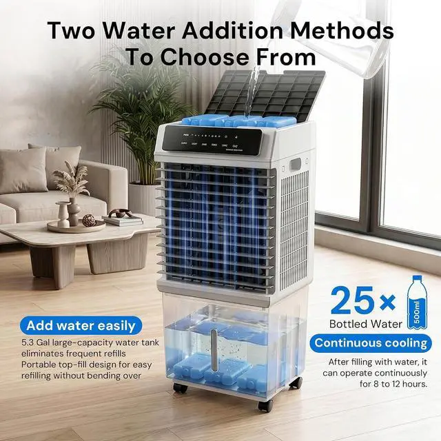 Alt view image 7 of 7 - 1800CFM Swamp Cooler,Evaporative Air Cooler with Remote Control,Air Cooler with 4-Gal Water Tank,120°Oscillation,4 Ice Packs,12H Timer,Cooling Fans for Outdoor,Indoor Use,Grey