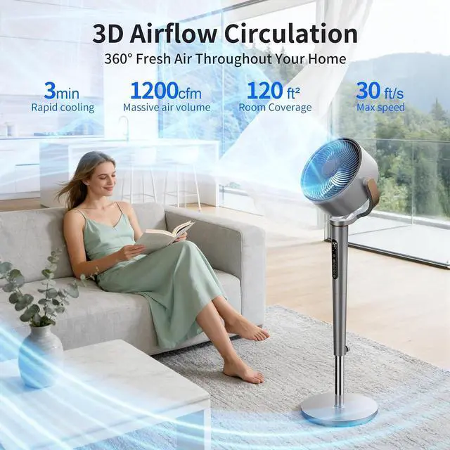 Alt view image 2 of 7 - Pedestal Fan for Bedroom,38-46" Adjustable Height,120°+120°Omnidirectional Oscillating Standing Fan,Quiet Floor Fan with DC Motor,16 Speeds,4 Modes Circulator with Remote,12H Timer,Silver