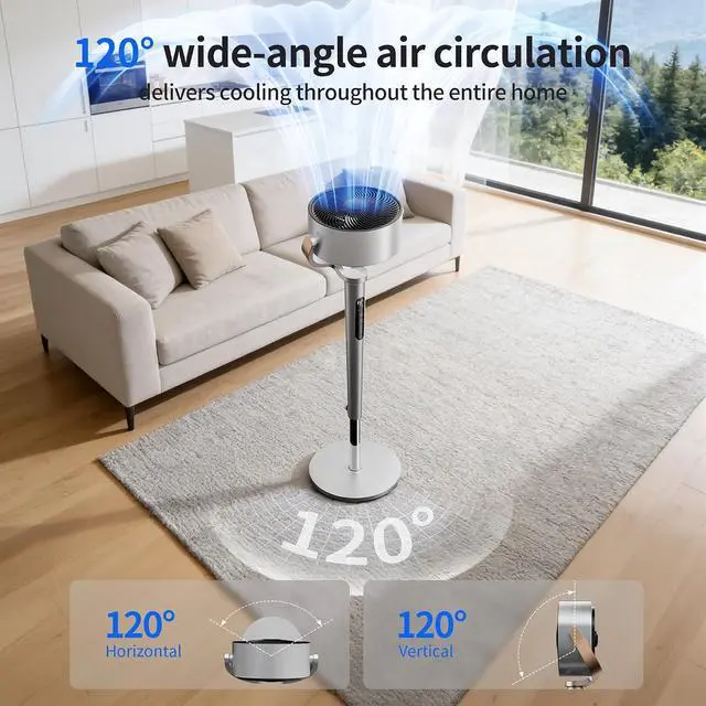 Alt view image 5 of 7 - Pedestal Fan for Bedroom,38-46" Adjustable Height,120°+120°Omnidirectional Oscillating Standing Fan,Quiet Floor Fan with DC Motor,16 Speeds,4 Modes Circulator with Remote,12H Timer,Silver