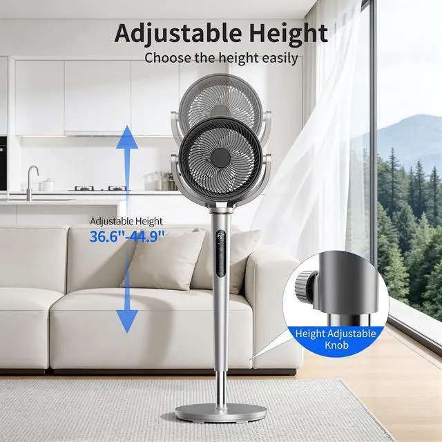Alt view image 6 of 7 - Pedestal Fan for Bedroom,38-46" Adjustable Height,120°+120°Omnidirectional Oscillating Standing Fan,Quiet Floor Fan with DC Motor,16 Speeds,4 Modes Circulator with Remote,12H Timer,Silver