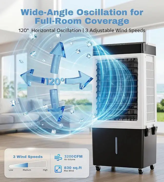 Alt view image 2 of 7 - 3200CFM Swamp Cooler,Evaporative Air Cooler with 8.0-Gal Water Tank, 4 Ice Packs, Portable Air Conditioners with Remote Control,12H Timer,Evaporative Cooler for Indoor,Outdoor Use (40IN)