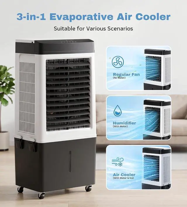 Alt view image 3 of 7 - 3200CFM Swamp Cooler,Evaporative Air Cooler with 8.0-Gal Water Tank, 4 Ice Packs, Portable Air Conditioners with Remote Control,12H Timer,Evaporative Cooler for Indoor,Outdoor Use (40IN)