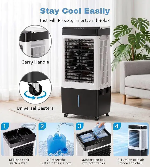 Alt view image 4 of 7 - 3200CFM Swamp Cooler,Evaporative Air Cooler with 8.0-Gal Water Tank, 4 Ice Packs, Portable Air Conditioners with Remote Control,12H Timer,Evaporative Cooler for Indoor,Outdoor Use (40IN)