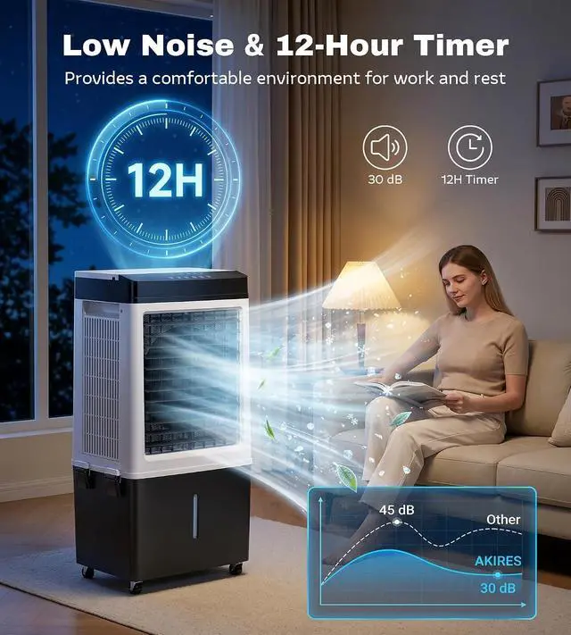 Alt view image 7 of 7 - 3200CFM Swamp Cooler,Evaporative Air Cooler with 8.0-Gal Water Tank, 4 Ice Packs, Portable Air Conditioners with Remote Control,12H Timer,Evaporative Cooler for Indoor,Outdoor Use (40IN)