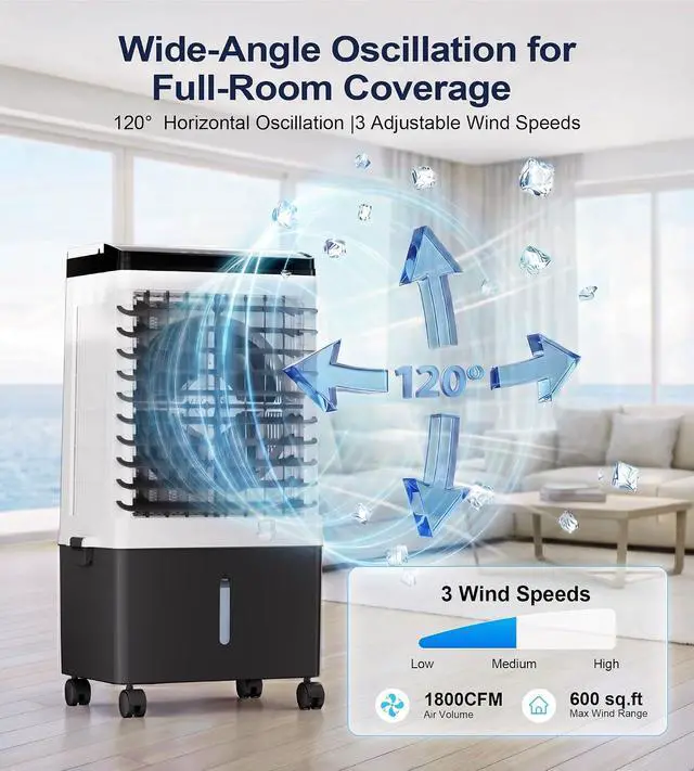 Alt view image 2 of 7 - 1800CFM Swamp Cooler,Evaporative Air Cooler with 5.3-Gal Water Tank, 4 Ice Packs, Portable Air Conditioners with Remote Control,12H Timer,Evaporative Cooler for Indoor,Outdoor Use (32IN)
