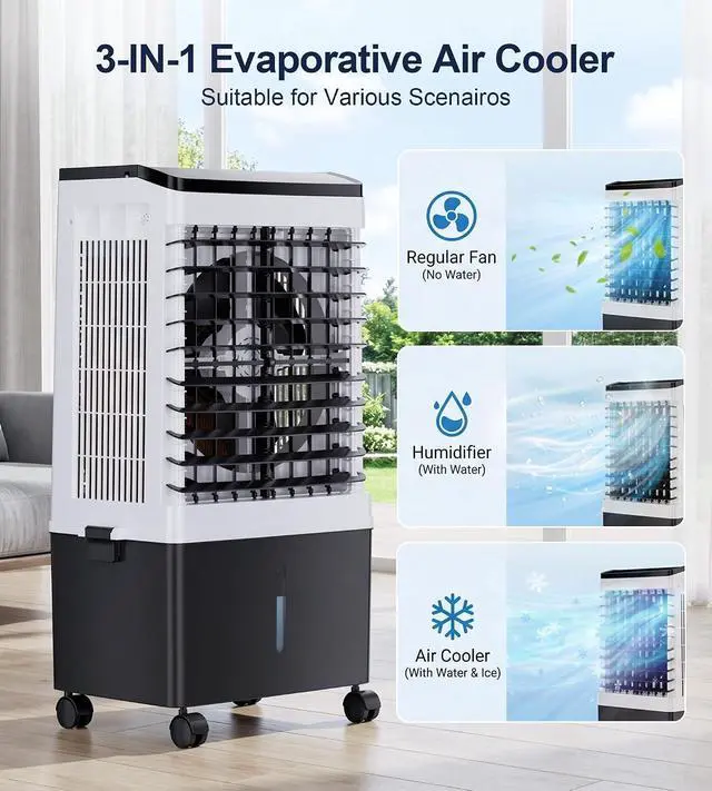 Alt view image 3 of 7 - 1800CFM Swamp Cooler,Evaporative Air Cooler with 5.3-Gal Water Tank, 4 Ice Packs, Portable Air Conditioners with Remote Control,12H Timer,Evaporative Cooler for Indoor,Outdoor Use (32IN)