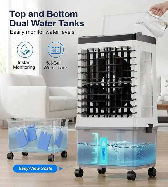 Alt view image 5 of 7 - 1800CFM Swamp Cooler,Evaporative Air Cooler with 5.3-Gal Water Tank, 4 Ice Packs, Portable Air Conditioners with Remote Control,12H Timer,Evaporative Cooler for Indoor,Outdoor Use (32IN)
