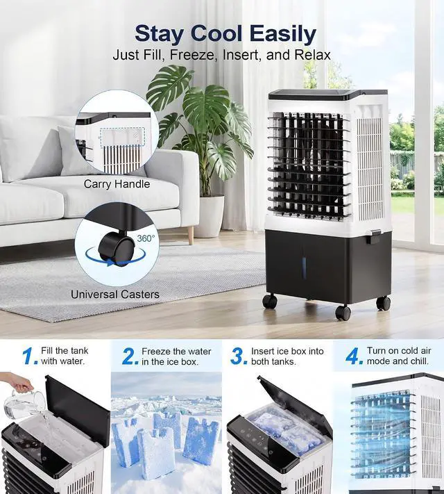 Alt view image 6 of 7 - 1800CFM Swamp Cooler,Evaporative Air Cooler with 5.3-Gal Water Tank, 4 Ice Packs, Portable Air Conditioners with Remote Control,12H Timer,Evaporative Cooler for Indoor,Outdoor Use (32IN)
