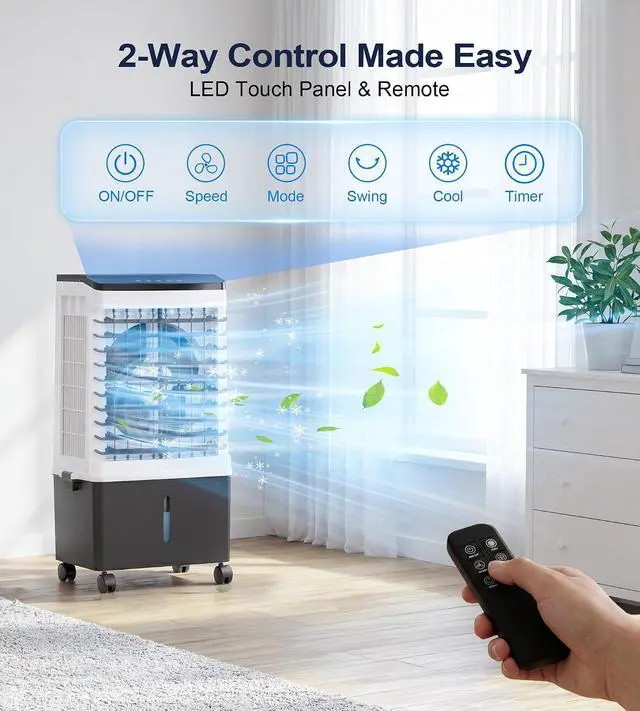 Alt view image 4 of 7 - 1800CFM Swamp Cooler,Evaporative Air Cooler with 5.3-Gal Water Tank, 4 Ice Packs, Portable Air Conditioners with Remote Control,12H Timer,Evaporative Cooler for Indoor,Outdoor Use (32IN)