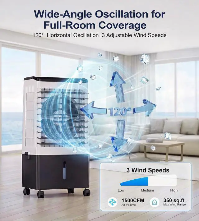 Alt view image 2 of 7 - 1500CFM Swamp Cooler,Evaporative Air Cooler with 2.5-Gal Water Tank, 4 Ice Packs, Portable Air Conditioners with Remote Control,12H Timer,Evaporative Cooler for Indoor,Outdoor Use (26IN)