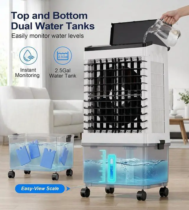 Alt view image 5 of 7 - 1500CFM Swamp Cooler,Evaporative Air Cooler with 2.5-Gal Water Tank, 4 Ice Packs, Portable Air Conditioners with Remote Control,12H Timer,Evaporative Cooler for Indoor,Outdoor Use (26IN)
