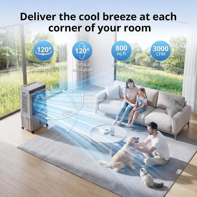 Alt view image 2 of 7 - Swamp Cooler Air Conditioner,3000CFM Portable Evaporative Air Cooler, Cooling Fan for Room Garage Patio Outdoor Indoor, 6 Gal Water Tank, 3 Speeds, 4 Ice Boxes, 12H Timer, Remote Use, Grey