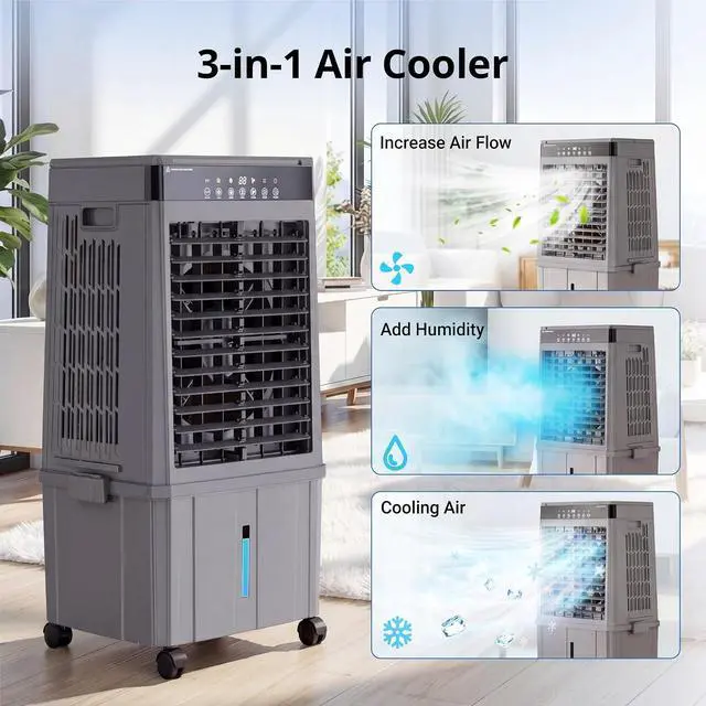 Alt view image 4 of 7 - Swamp Cooler Air Conditioner,3000CFM Portable Evaporative Air Cooler, Cooling Fan for Room Garage Patio Outdoor Indoor, 6 Gal Water Tank, 3 Speeds, 4 Ice Boxes, 12H Timer, Remote Use, Grey