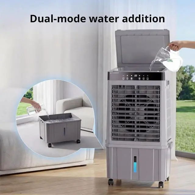 Alt view image 6 of 7 - Swamp Cooler Air Conditioner,3000CFM Portable Evaporative Air Cooler, Cooling Fan for Room Garage Patio Outdoor Indoor, 6 Gal Water Tank, 3 Speeds, 4 Ice Boxes, 12H Timer, Remote Use, Grey