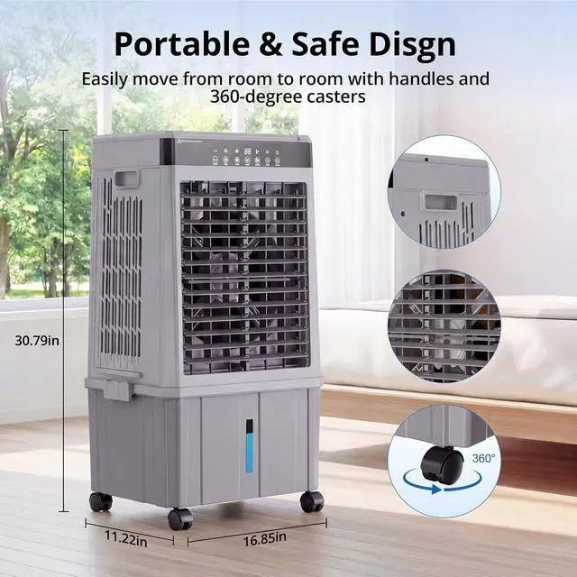 Alt view image 7 of 7 - Swamp Cooler Air Conditioner,3000CFM Portable Evaporative Air Cooler, Cooling Fan for Room Garage Patio Outdoor Indoor, 6 Gal Water Tank, 3 Speeds, 4 Ice Boxes, 12H Timer, Remote Use, Grey