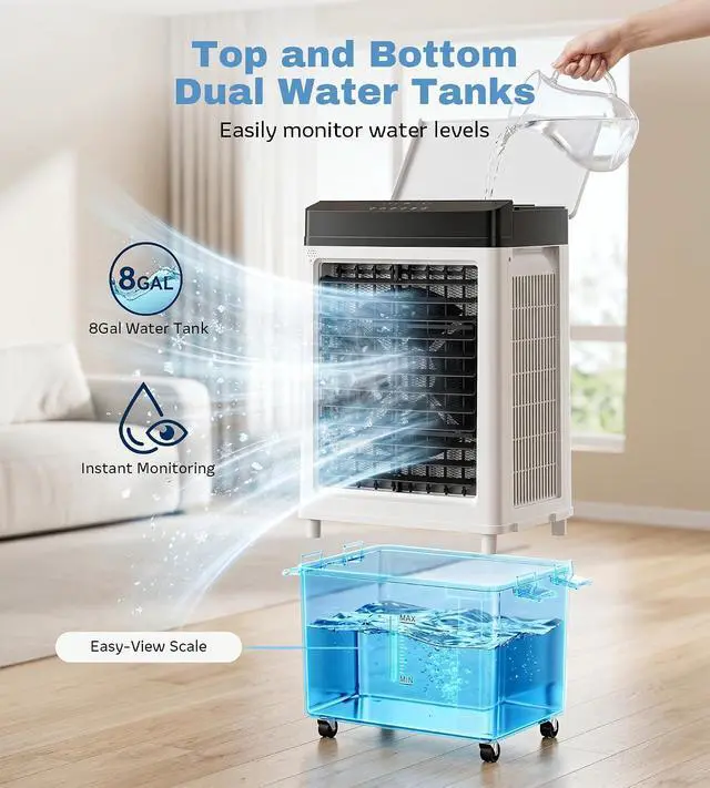 Alt view image 6 of 7 - 3200CFM Swamp Cooler,Evaporative Air Cooler with 8.0-Gal Water Tank, 4 Ice Packs, Portable Air Conditioners with Remote Control,12H Timer,Evaporative Cooler for Indoor,Outdoor Use (40IN)