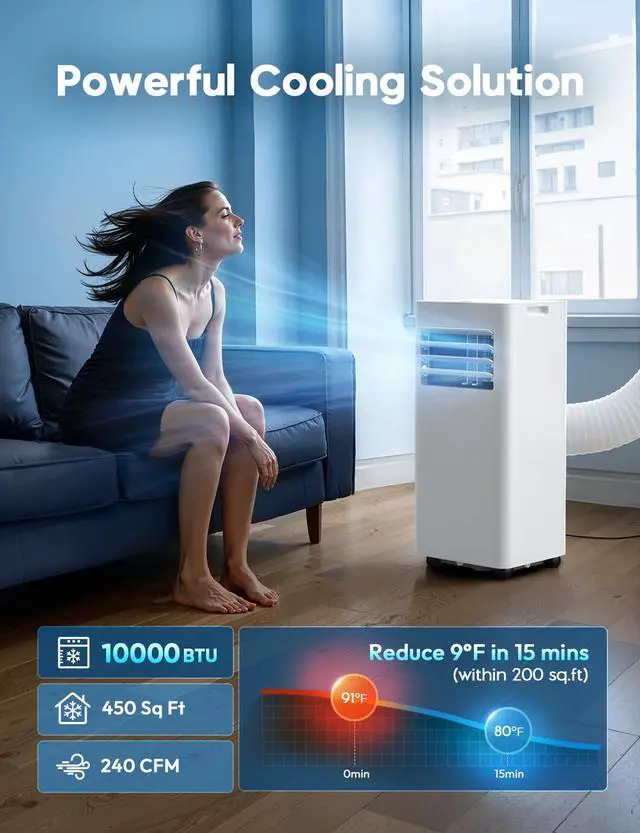 Alt view image 2 of 7 - 10,000 BTU Portable Air Conditioner, 3-in-1 AC Unit for 450 Sq.Ft Rooms With Cooling, Dehumidification & Fan Modes, Includes Remote Control, 24H Timer & Window Kit for Bedroom