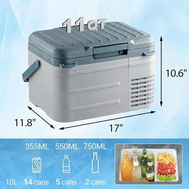 Alt view image 4 of 7 - 12 Volt Refrigerator, 11QT(10L) Compressor Electric Cooler, Car Fridge -4~68, Portable Refrigerator 12V/24V DC 110-240V AC, Compact Freezer for Vehicle RV Camping Truck Boat Travel, Blue