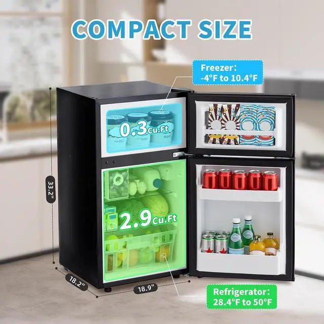 Alt view image 3 of 7 - 3.2 Cu.Ft Mini Fridge with Freezer, Double Door Small Refrigerator, Dorm Fridge with 3 Adjustable Thermostat, Energy Saving, Low Noise, Compact Refrigerator for Office, Bedroom, Dorm, Black