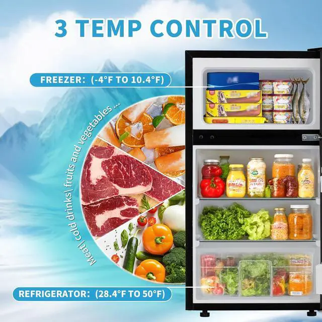 Alt view image 4 of 7 - 3.2 Cu.Ft Mini Fridge with Freezer, Double Door Small Refrigerator, Dorm Fridge with 3 Adjustable Thermostat, Energy Saving, Low Noise, Compact Refrigerator for Office, Bedroom, Dorm, Black
