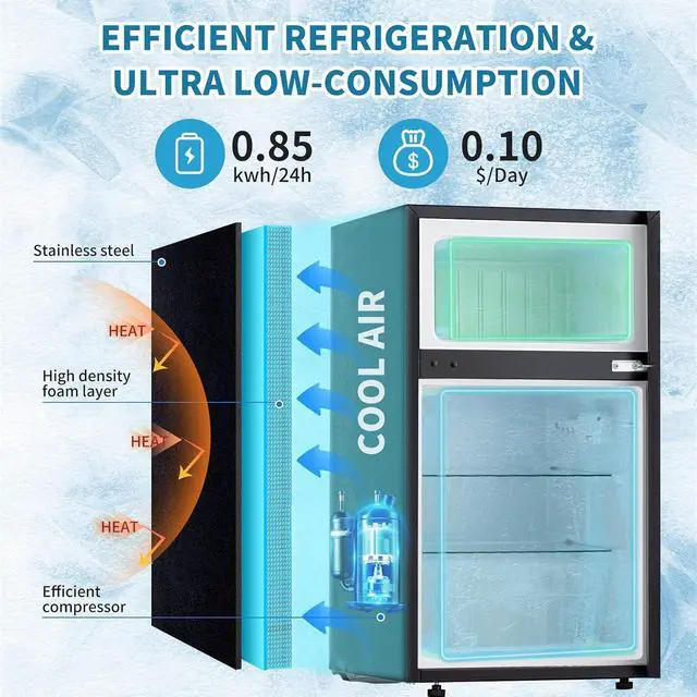 Alt view image 6 of 7 - 3.2 Cu.Ft Mini Fridge with Freezer, Double Door Small Refrigerator, Dorm Fridge with 3 Adjustable Thermostat, Energy Saving, Low Noise, Compact Refrigerator for Office, Bedroom, Dorm, Black