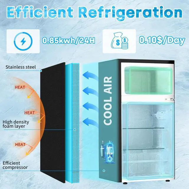 Alt view image 3 of 6 - 2.6 Cu.Ft Mini Fridge with Freezer, Double Door Small Refrigerator, Dorm Fridge with 3 Adjustable Thermostat, Energy Saving, Low Noise, Compact Refrigerator for Office, Bedroom, Dorm, Black