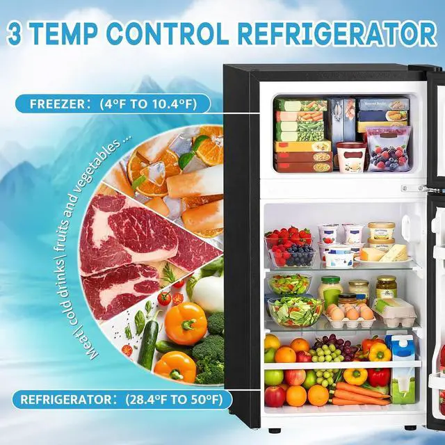 Alt view image 5 of 6 - 2.6 Cu.Ft Mini Fridge with Freezer, Double Door Small Refrigerator, Dorm Fridge with 3 Adjustable Thermostat, Energy Saving, Low Noise, Compact Refrigerator for Office, Bedroom, Dorm, Black