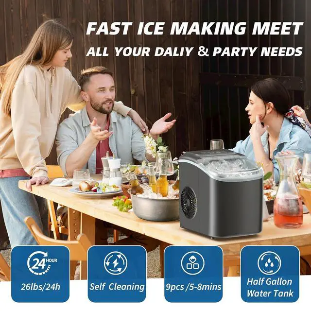 Alt view image 2 of 7 - Ice Maker Countertop, 26lbs in 24Hrs, 9 Ice Cubes Ready in 6 Mins with 2 Sizes of Bullet Ice, Auto-Cleaning Portable Ice Maker with Scoop & Basket, for Home/Kitchen/Camping/RV. (Black)