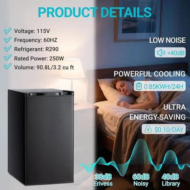 Alt view image 7 of 7 - 3.2 Cu.Ft Mini Fridge with Freezer, Single Door Small Refrigerator, Dorm Fridge with 7 Adjustable Thermostat, Energy Saving, Low Noise, Compact Refrigerator for Office, Bedroom, Dorm, Black