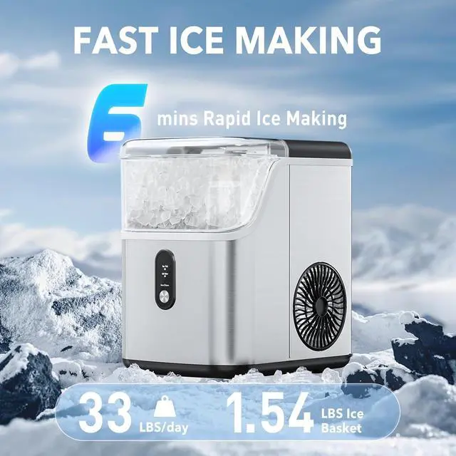 Alt view image 2 of 7 - Ice Maker Countertop, 6min/Cycle, 33lbs/24H Soft Chewable Ice, Nugget Ice Maker with Basket & Scoop, One-Click Operation, Self-Cleaning, Portable Ice Machine for Home/Kitchen/Office (Silver)