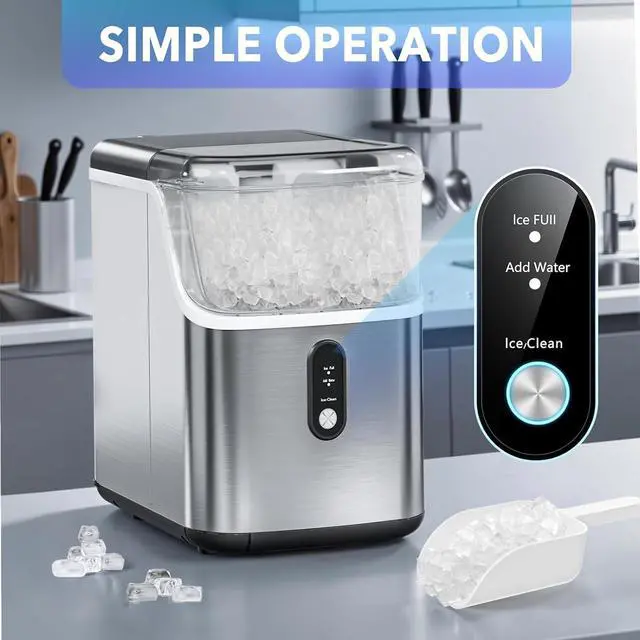Alt view image 4 of 7 - Ice Maker Countertop, 6min/Cycle, 33lbs/24H Soft Chewable Ice, Nugget Ice Maker with Basket & Scoop, One-Click Operation, Self-Cleaning, Portable Ice Machine for Home/Kitchen/Office (Silver)