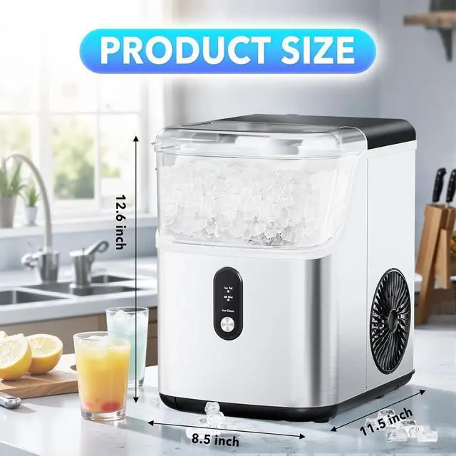 Alt view image 5 of 7 - Ice Maker Countertop, 6min/Cycle, 33lbs/24H Soft Chewable Ice, Nugget Ice Maker with Basket & Scoop, One-Click Operation, Self-Cleaning, Portable Ice Machine for Home/Kitchen/Office (Silver)