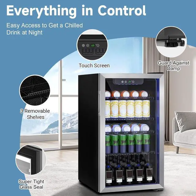 Alt view image 2 of 6 - Compact Beverage Refrigerator Cooler, 105 Can/3.0 Cubic Feet Mini Fridge with Glass Front Door, Digital Display Small Refrigerator with Adjustable Shelves for Soda, Beer or Wine