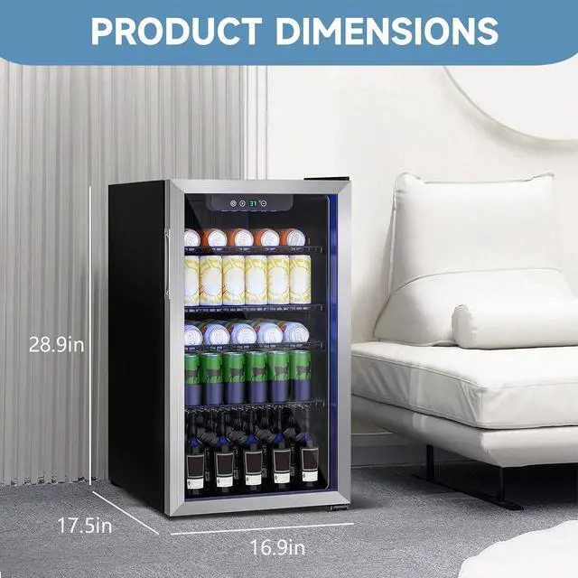 Alt view image 3 of 6 - Compact Beverage Refrigerator Cooler, 105 Can/3.0 Cubic Feet Mini Fridge with Glass Front Door, Digital Display Small Refrigerator with Adjustable Shelves for Soda, Beer or Wine