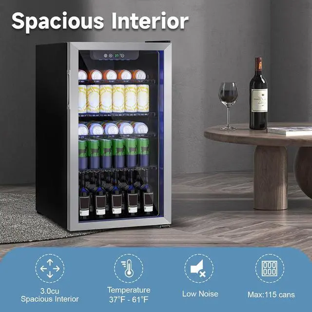 Alt view image 5 of 6 - Compact Beverage Refrigerator Cooler, 105 Can/3.0 Cubic Feet Mini Fridge with Glass Front Door, Digital Display Small Refrigerator with Adjustable Shelves for Soda, Beer or Wine