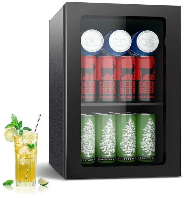 Main image of Stopasd Beverage Refrigerator Cooler, 0.9 Cu.Ft/24 Can Drink Fridge with Adjustable Shelves & Clear Door for Soda Wine Beer, Countertop Mini Fridge, Compact Design for Home/Office/Bar (40-61 ), Black
