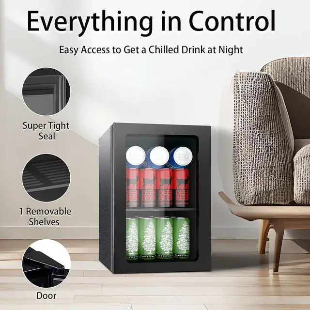Alt view image 3 of 7 - Stopasd Beverage Refrigerator Cooler, 0.9 Cu.Ft/24 Can Drink Fridge with Adjustable Shelves & Clear Door for Soda Wine Beer, Countertop Mini Fridge, Compact Design for Home/Office/Bar (40-61 ), Black