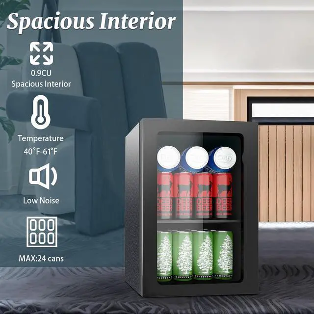 Alt view image 4 of 7 - Stopasd Beverage Refrigerator Cooler, 0.9 Cu.Ft/24 Can Drink Fridge with Adjustable Shelves & Clear Door for Soda Wine Beer, Countertop Mini Fridge, Compact Design for Home/Office/Bar (40-61 ), Black