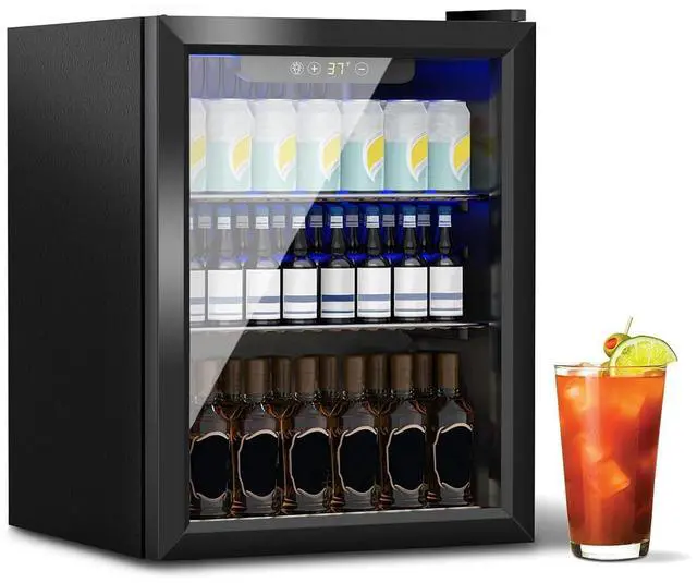 Main image of Stopasd Compact Beverage Refrigerator, 1.6 Cu.Ft/70 Can Drink Fridge, with Glass Door, Adjustable Shelves & Digital Display, Quiet Undercounter Small Fridge for Home/Office/Bar/Garage, Black