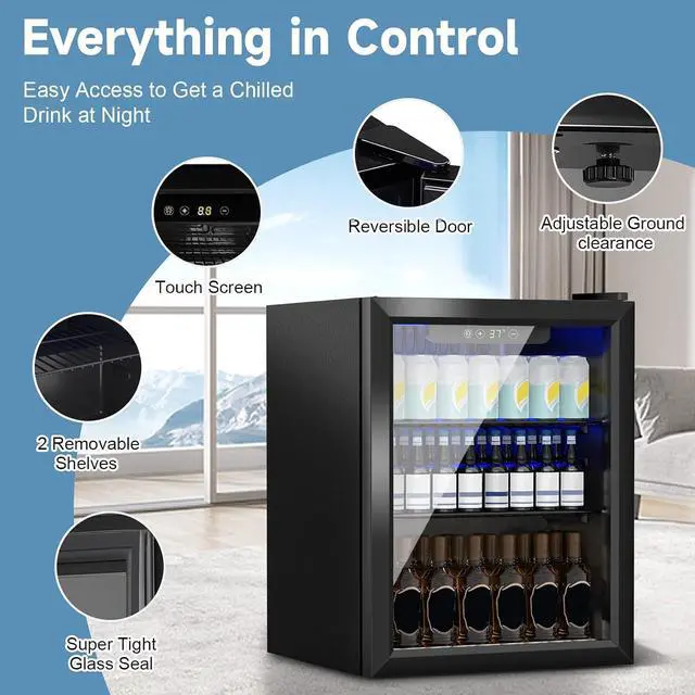 Alt view image 2 of 7 - Stopasd Compact Beverage Refrigerator, 1.6 Cu.Ft/70 Can Drink Fridge, with Glass Door, Adjustable Shelves & Digital Display, Quiet Undercounter Small Fridge for Home/Office/Bar/Garage, Black