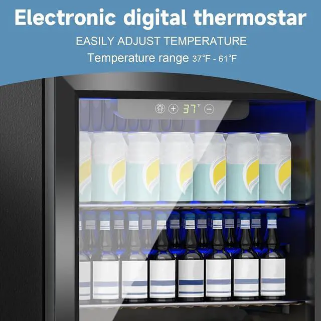Alt view image 4 of 7 - Stopasd Compact Beverage Refrigerator, 1.6 Cu.Ft/70 Can Drink Fridge, with Glass Door, Adjustable Shelves & Digital Display, Quiet Undercounter Small Fridge for Home/Office/Bar/Garage, Black