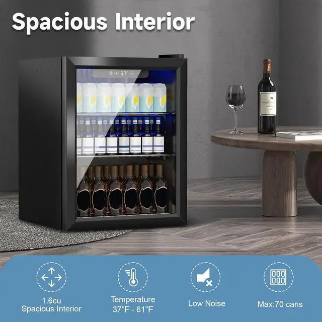 Alt view image 5 of 7 - Stopasd Compact Beverage Refrigerator, 1.6 Cu.Ft/70 Can Drink Fridge, with Glass Door, Adjustable Shelves & Digital Display, Quiet Undercounter Small Fridge for Home/Office/Bar/Garage, Black