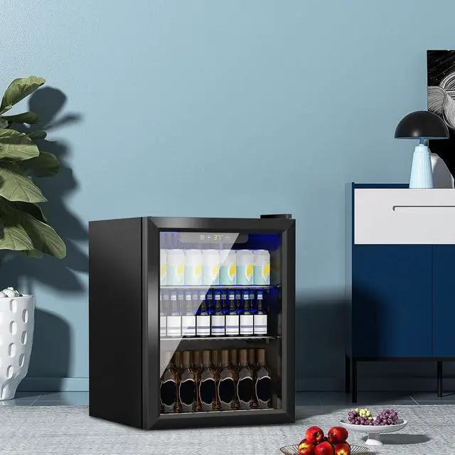 Alt view image 6 of 7 - Stopasd Compact Beverage Refrigerator, 1.6 Cu.Ft/70 Can Drink Fridge, with Glass Door, Adjustable Shelves & Digital Display, Quiet Undercounter Small Fridge for Home/Office/Bar/Garage, Black