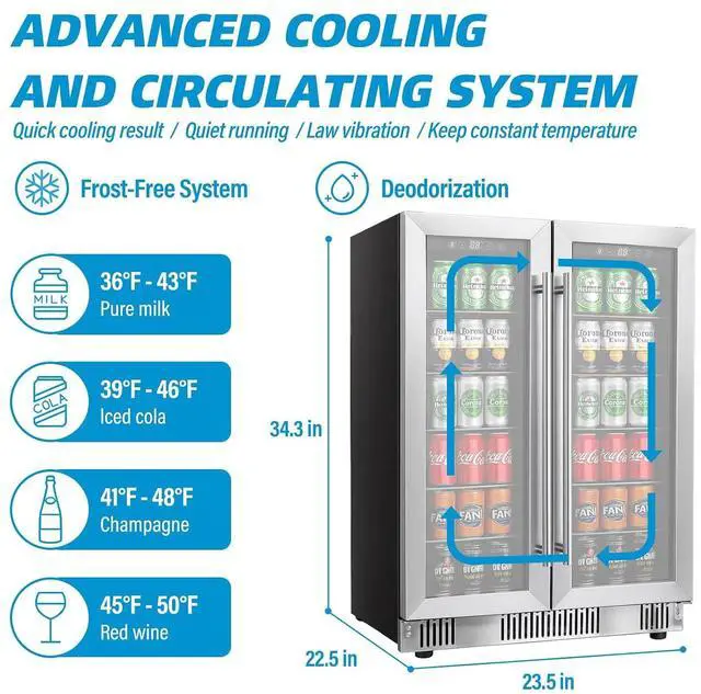 Alt view image 5 of 7 - Erivess 24 inch Dual Zone Wine and Beverage Refrigerator Cooler, 5.4 Cubic/176 Can Large Fridge with Glass Front Door, Beer or Wine,Small Refrigerator with Adjustable Shelves and Digital Display